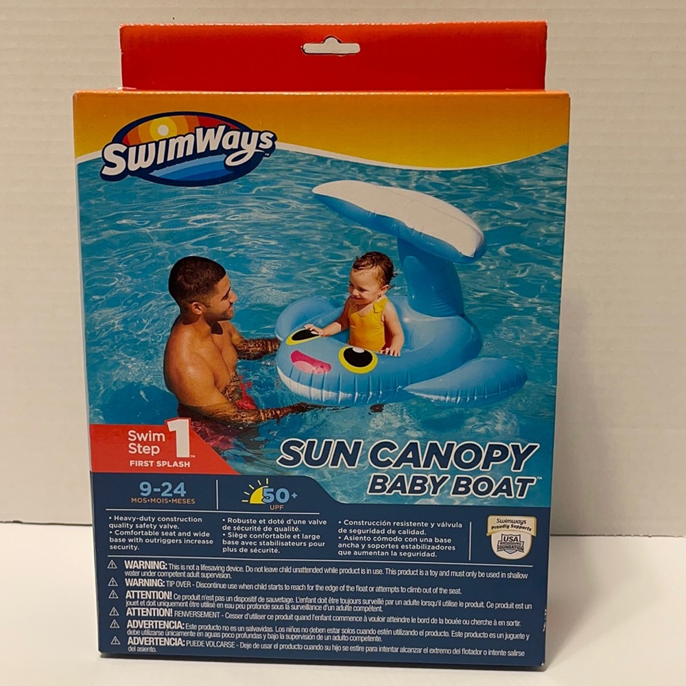 Swimways 9-24 Month Step 1 Blue Whale Sun Canopy Baby Boat Pool Float